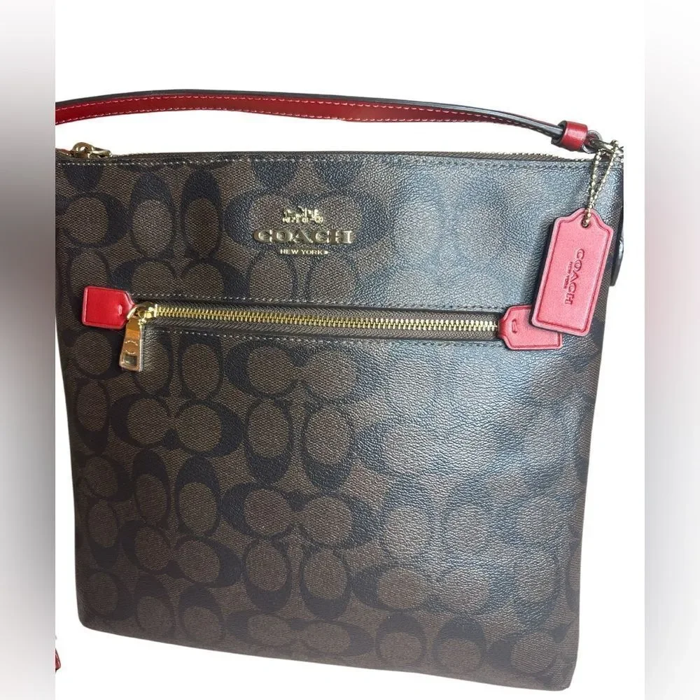 Coach Signature Rowan Brown and Red‎ Crossbody